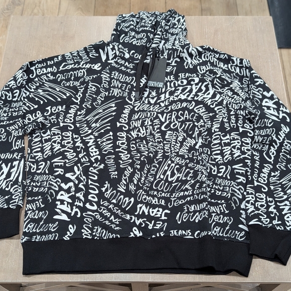 $450 Mens Versace Jeans Couture Logomania Print Pullover Hoodie Black Medium